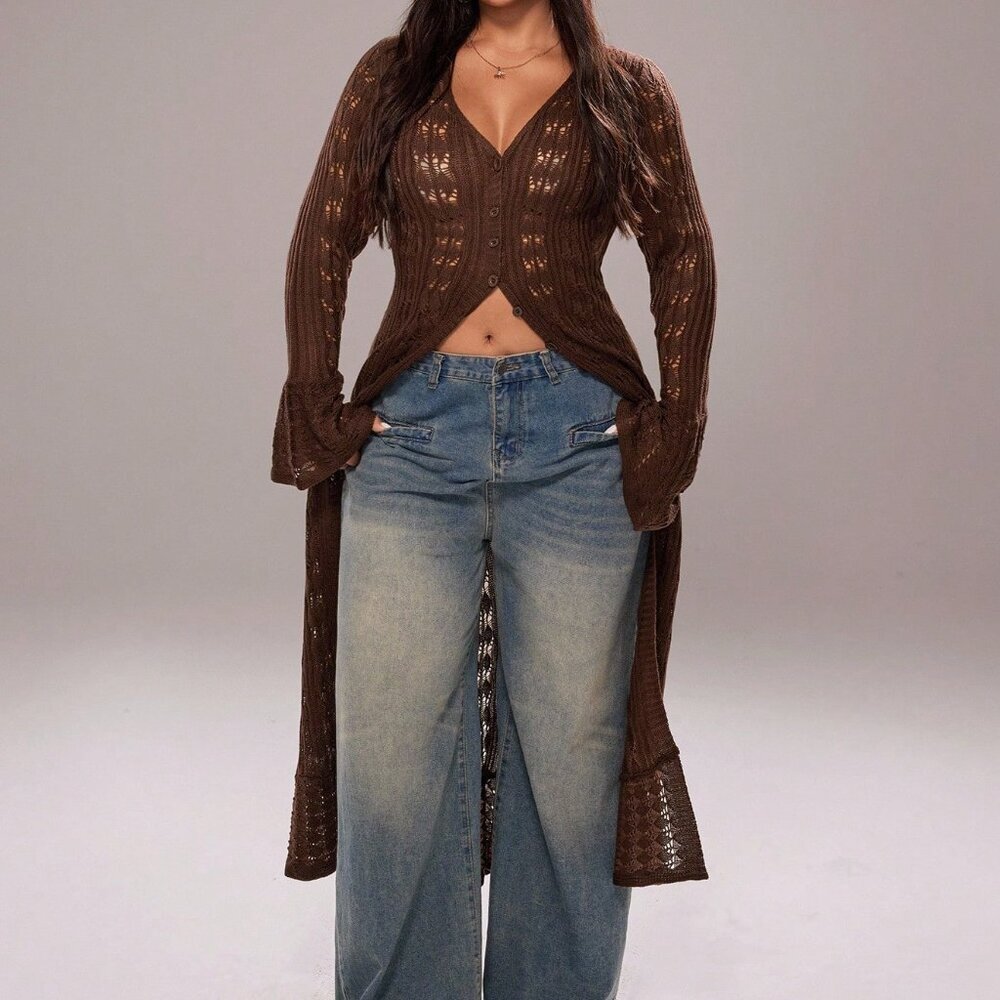 Coffee Brown Casual Women's Long Cardigan - Picture 4 of 7